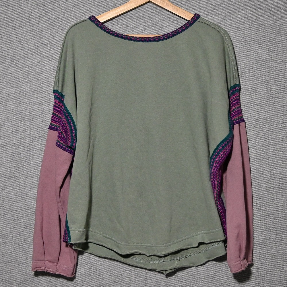 Natural Life Sweatshirt Womens Boho Mixed Media Tapestry S/M Green Rose